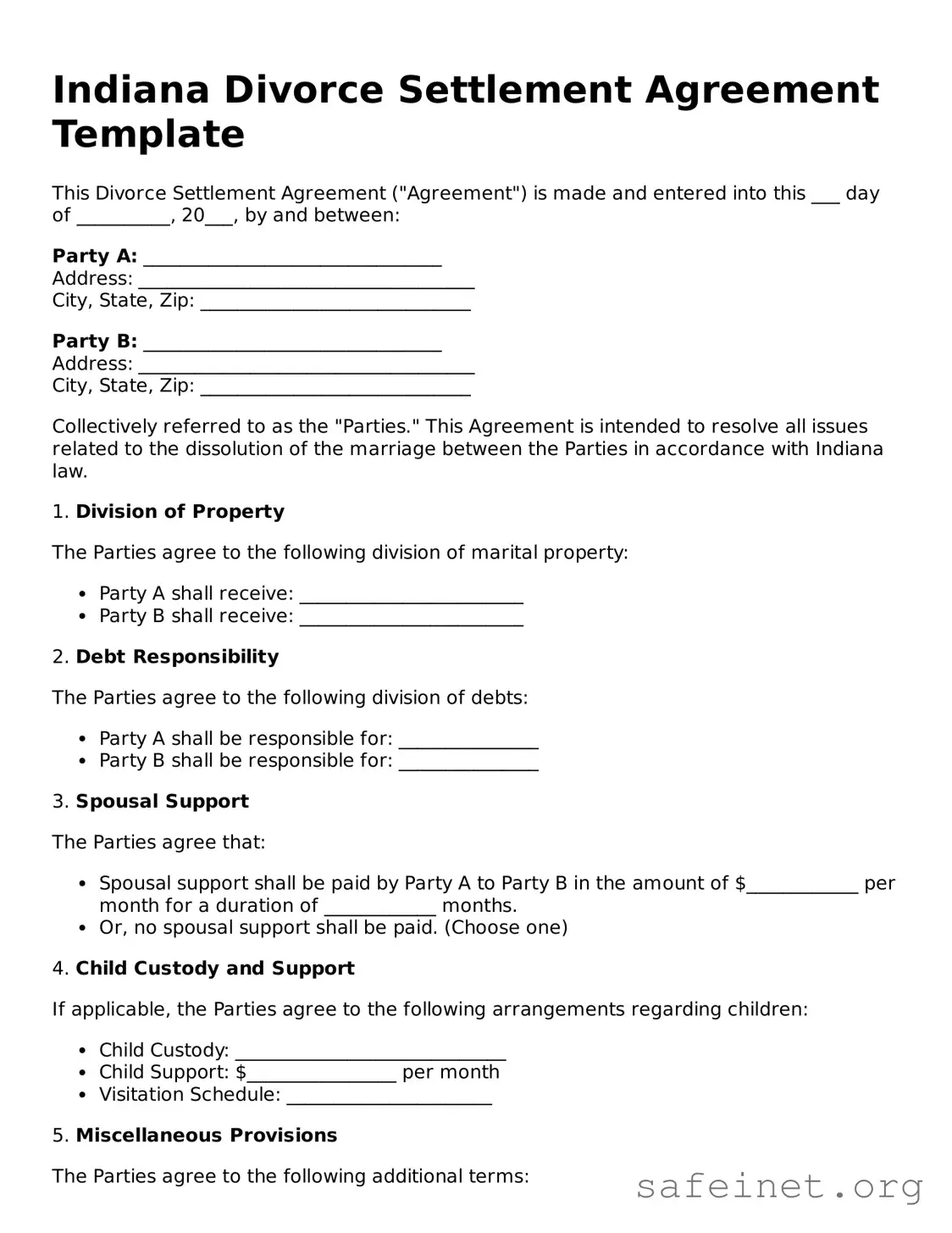 Valid Divorce Settlement Agreement Template for the State of Indiana