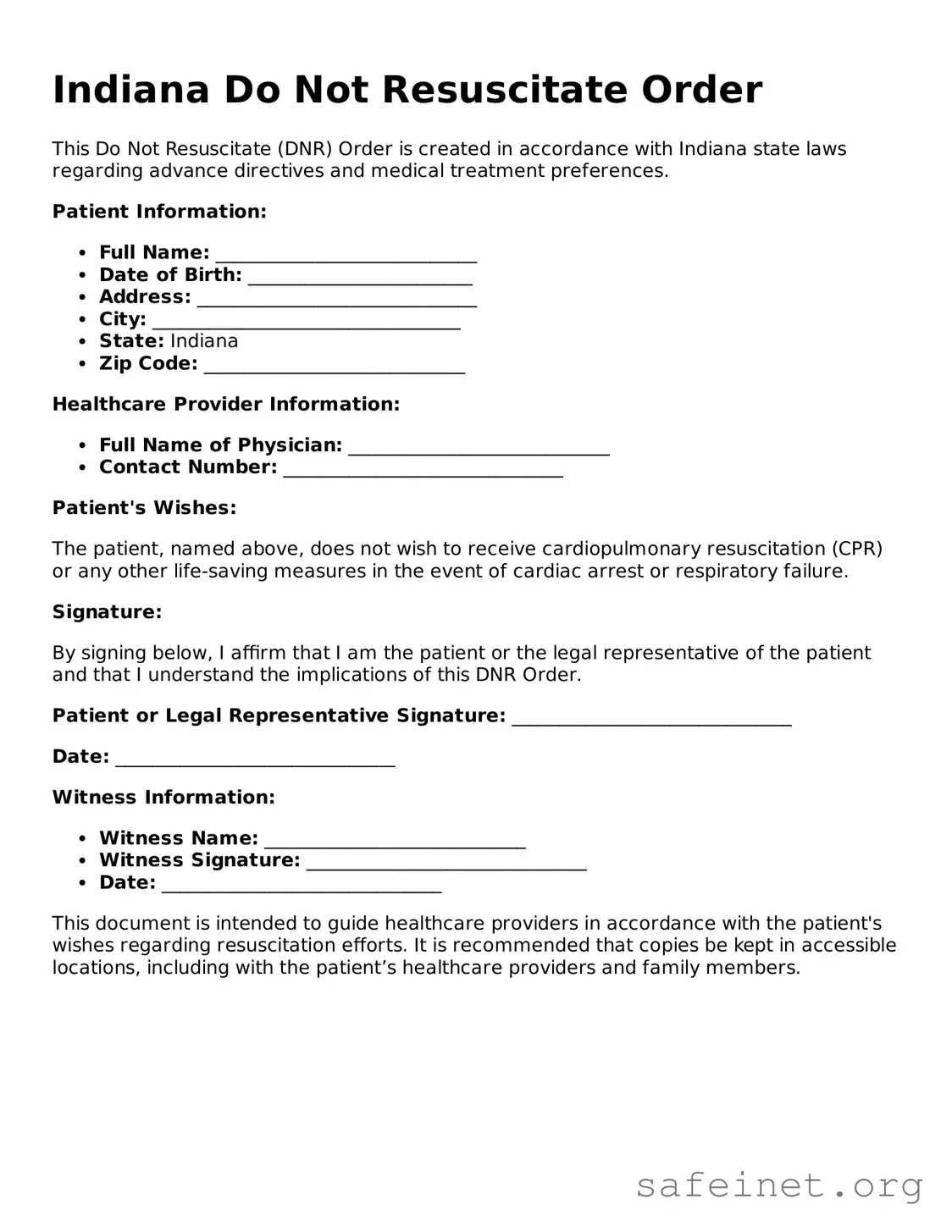 Valid Do Not Resuscitate Order Template for the State of Indiana