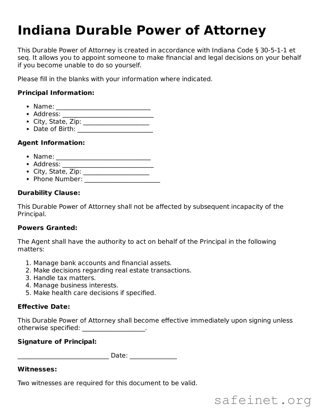Valid Durable Power of Attorney Template for the State of Indiana