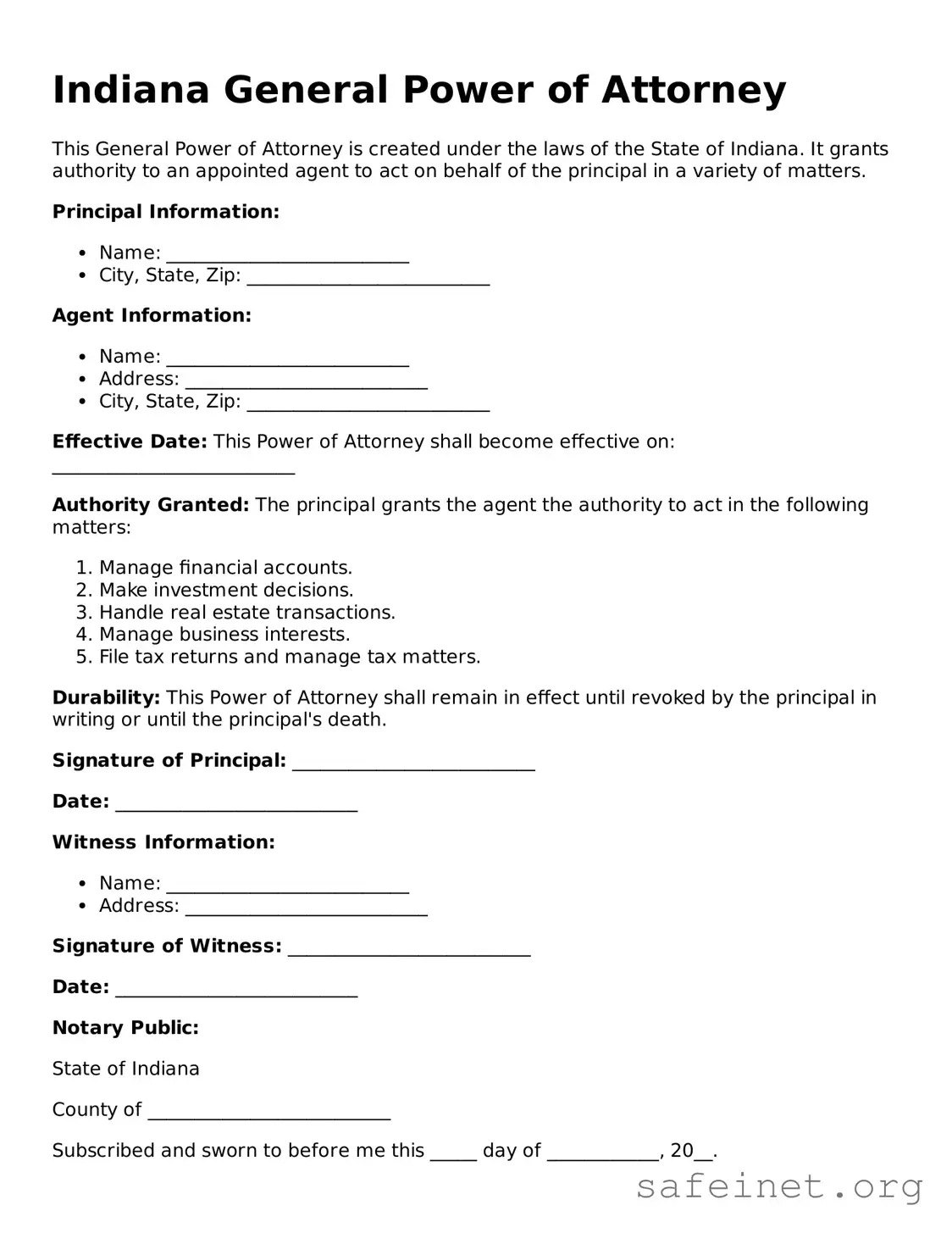 Valid General Power of Attorney Template for the State of Indiana