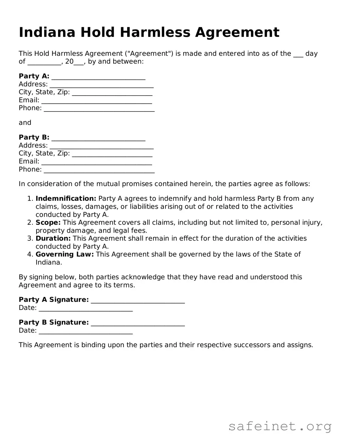 Valid Hold Harmless Agreement Template for the State of Indiana