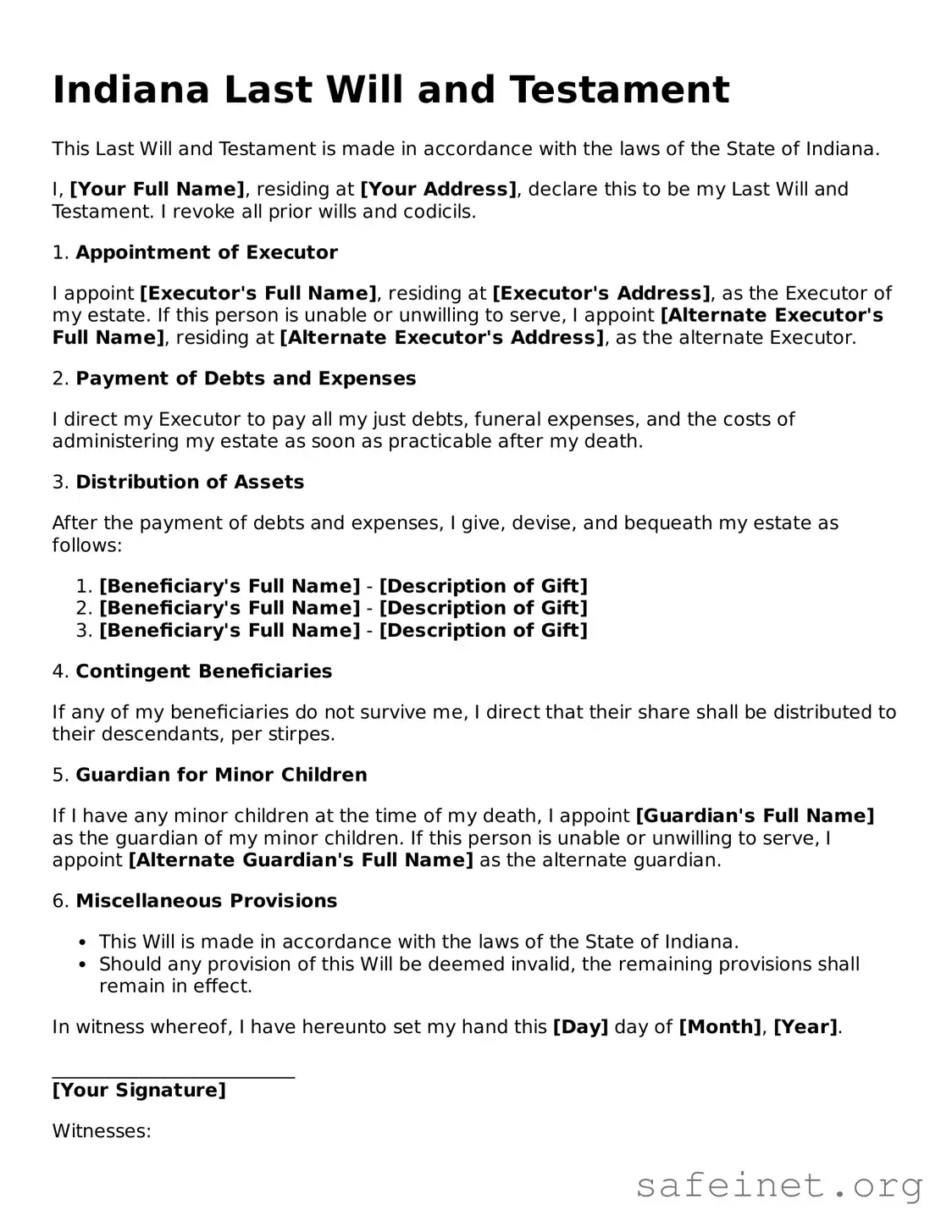 Valid Last Will and Testament Template for the State of Indiana