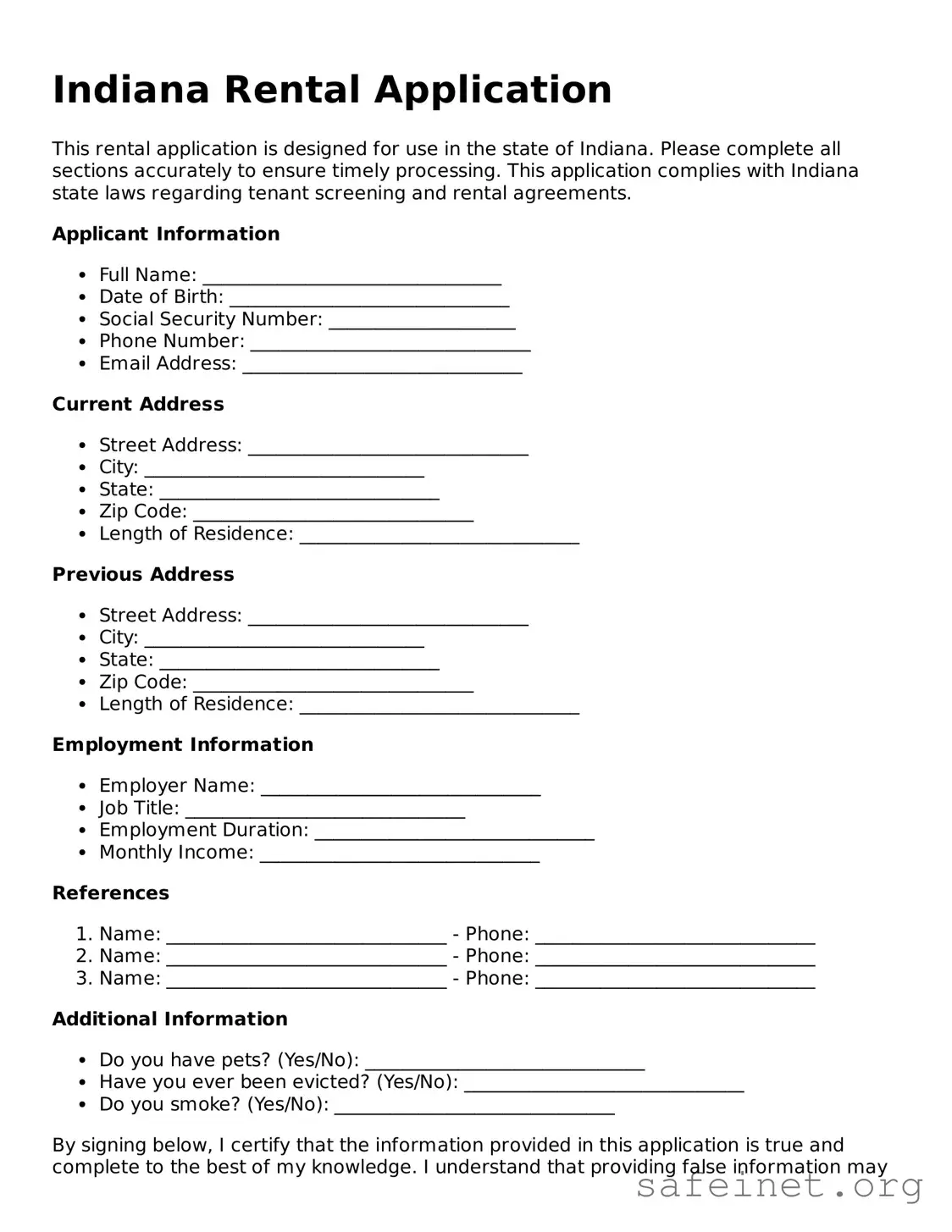 Valid Rental Application Template for the State of Indiana