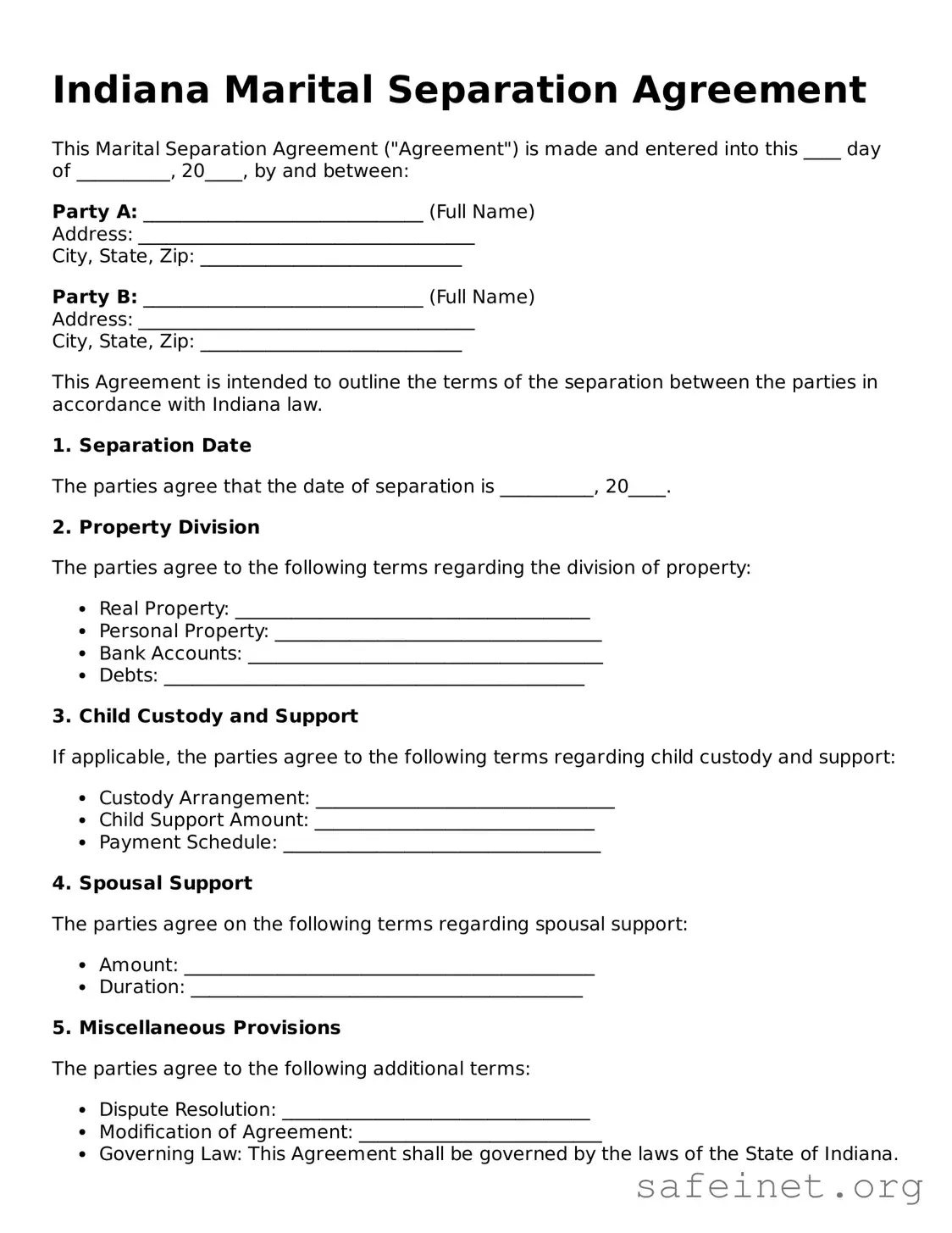 Valid Marital Separation Agreement Template for the State of Indiana