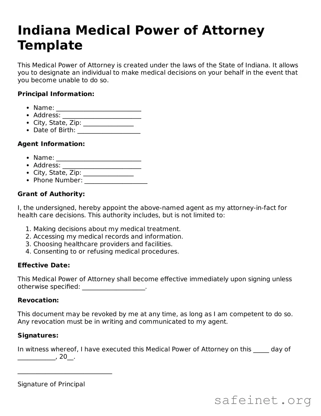Valid Medical Power of Attorney Template for the State of Indiana