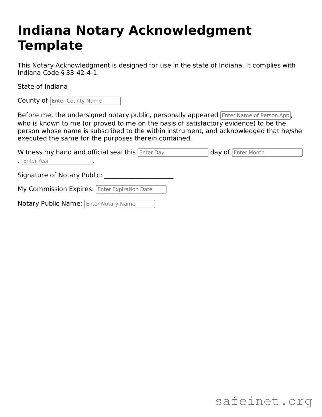 Valid Notary Acknowledgement Template for the State of Indiana