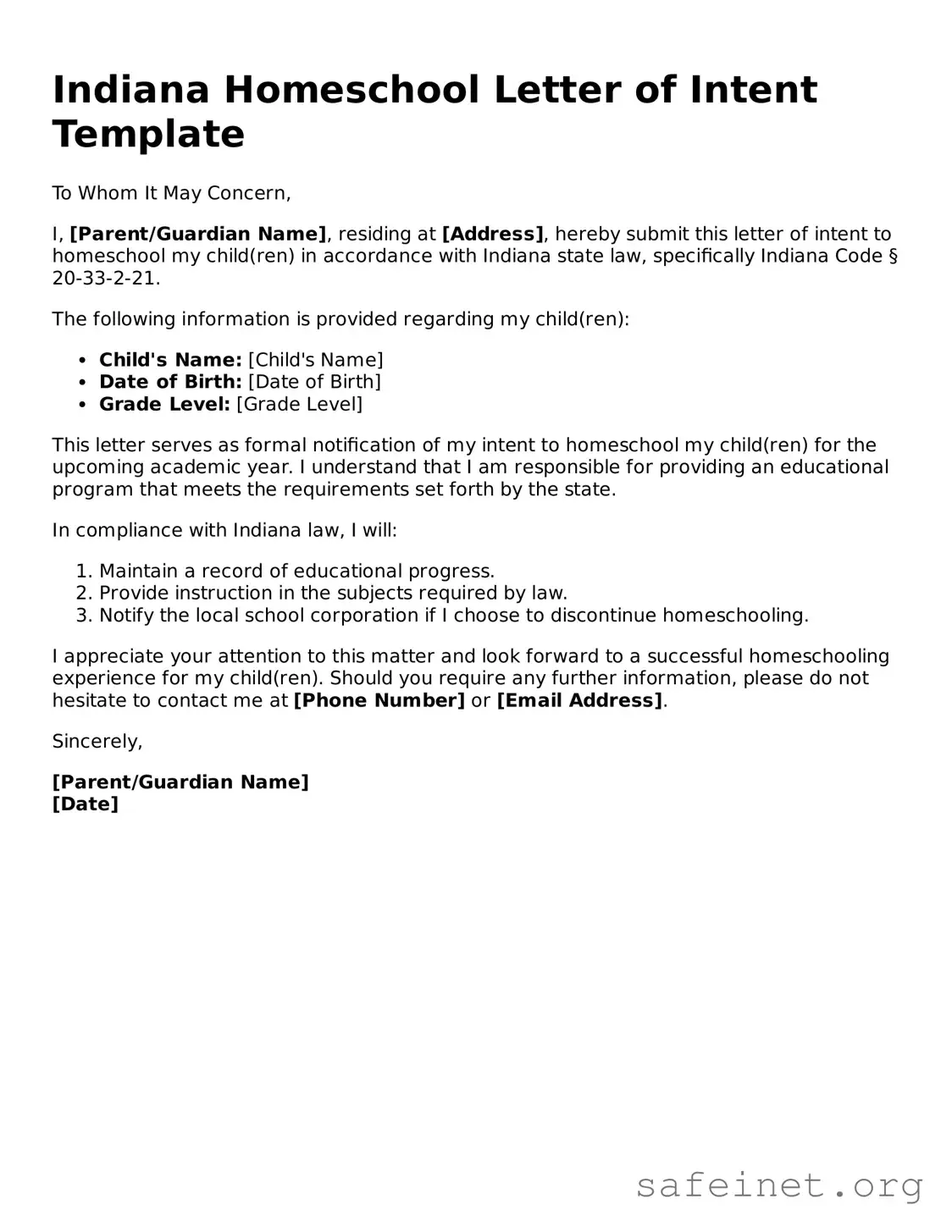 Valid Homeschool Letter of Intent Template for the State of Indiana