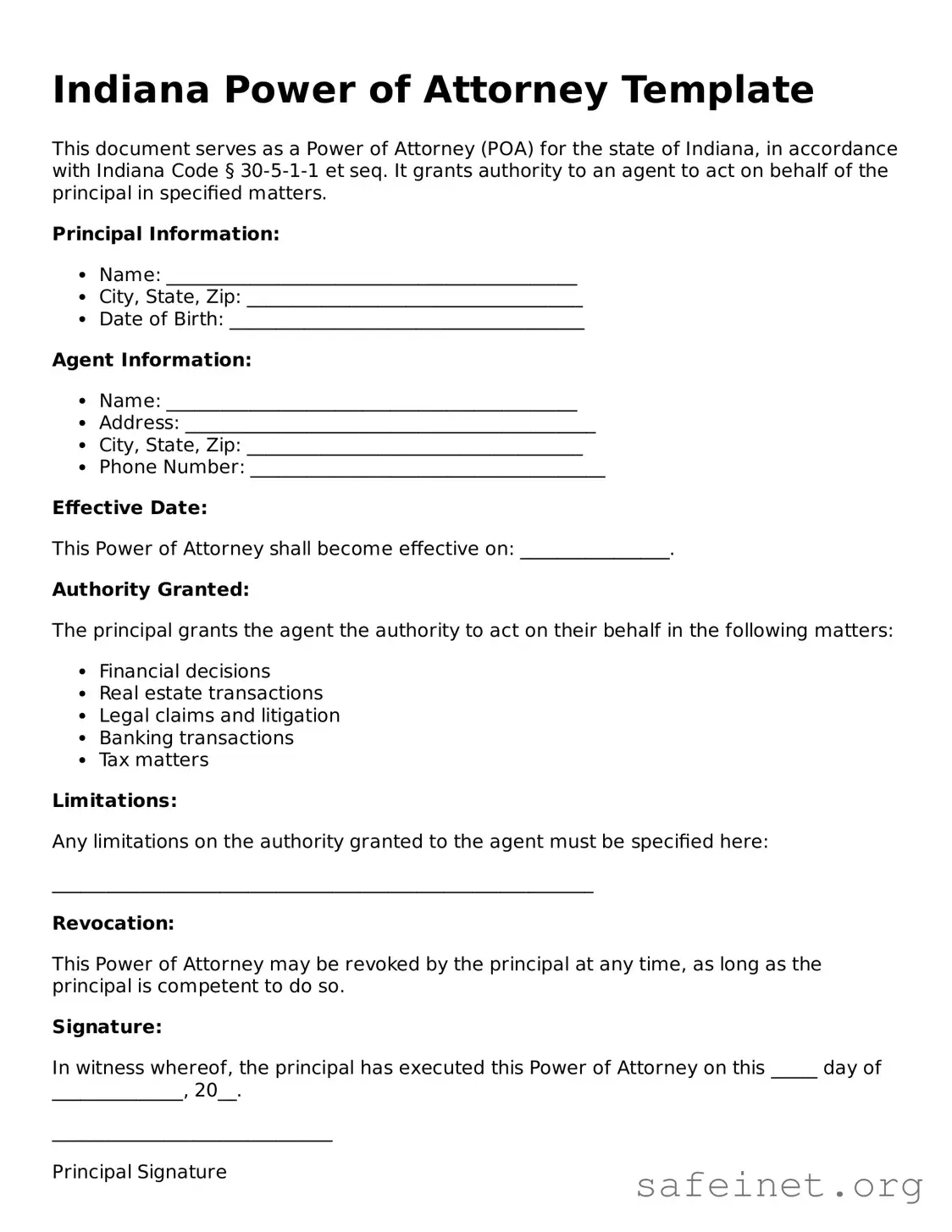 Valid Power of Attorney Template for the State of Indiana