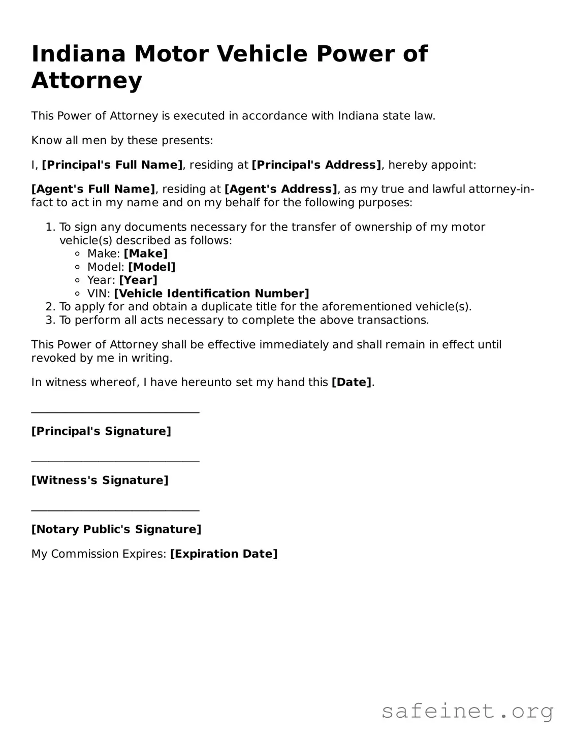 Valid Motor Vehicle Power of Attorney Template for the State of Indiana