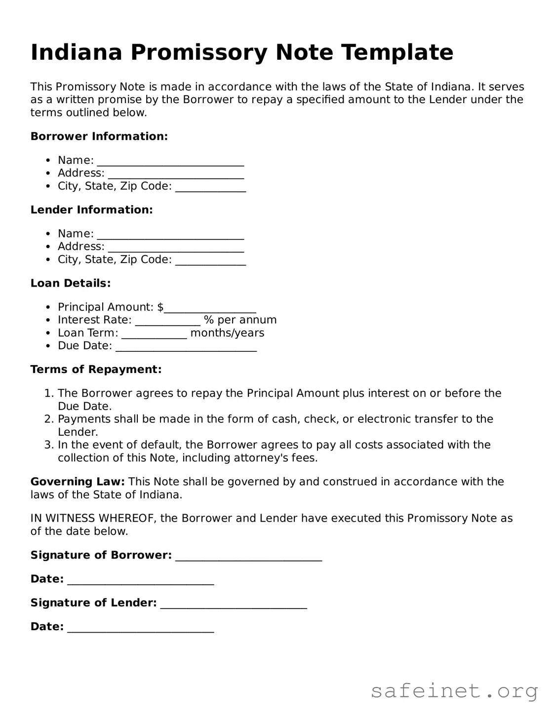 Valid Promissory Note Template for the State of Indiana