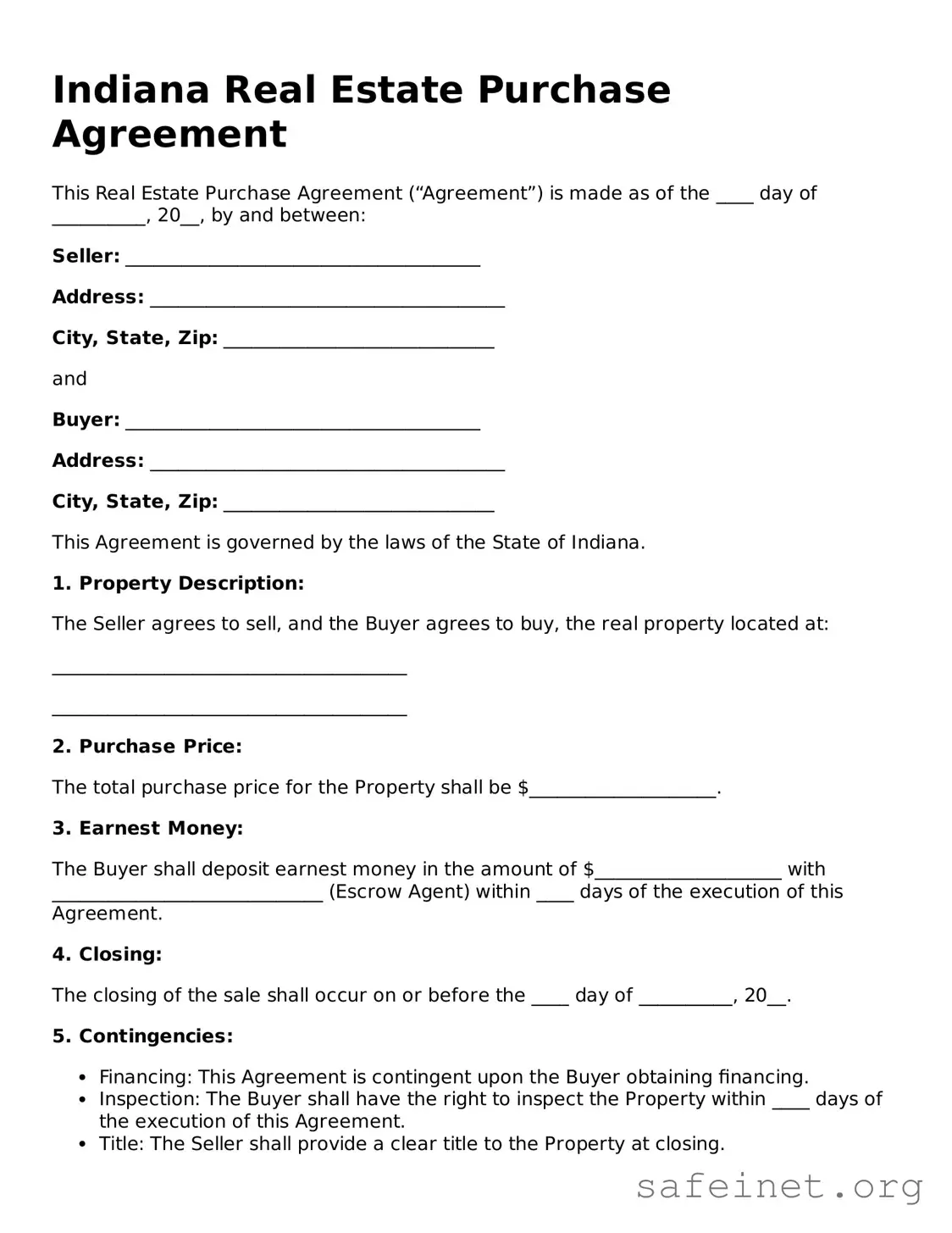 Valid Real Estate Purchase Agreement Template for the State of Indiana