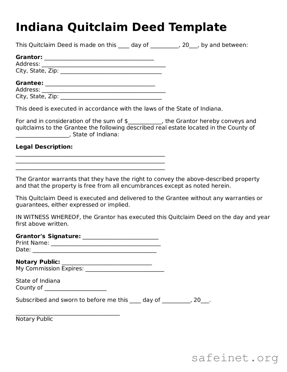 Valid Quitclaim Deed Template for the State of Indiana