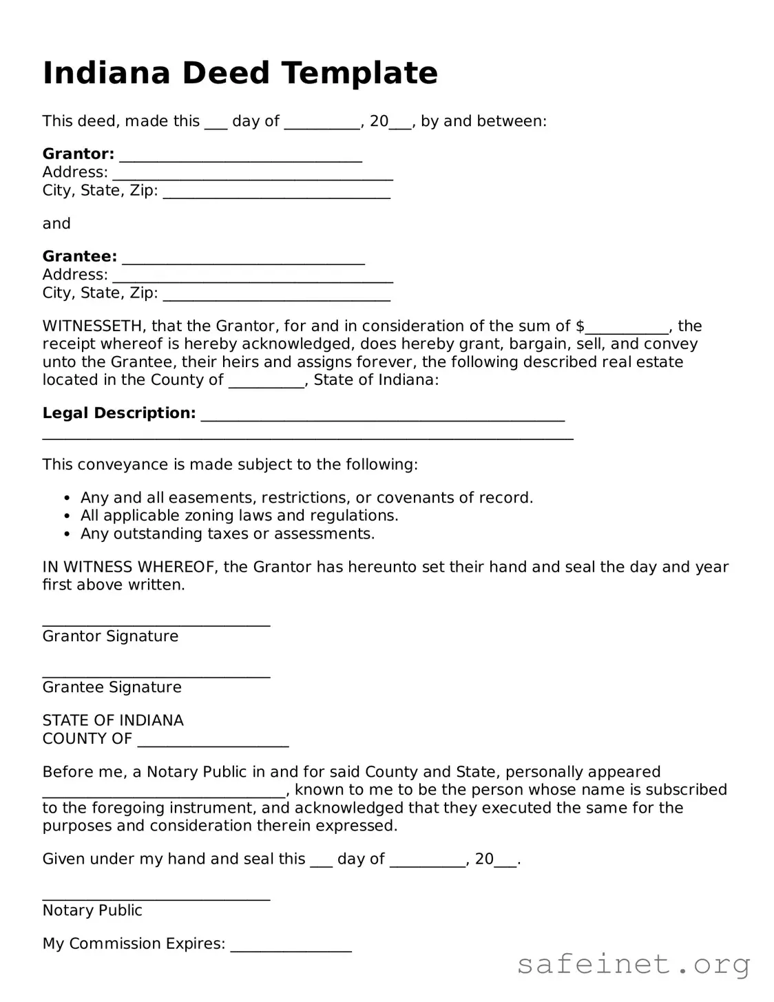 Valid Deed Template for the State of Indiana