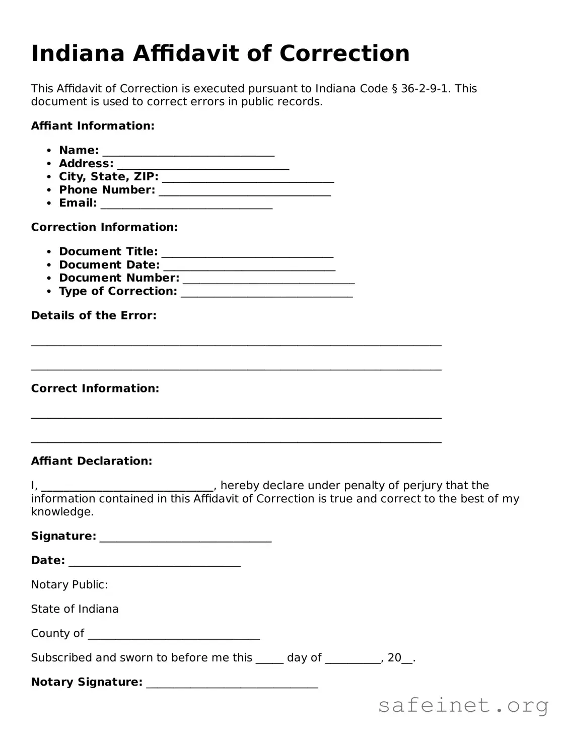 Valid Affidavit of Correction Template for the State of Indiana