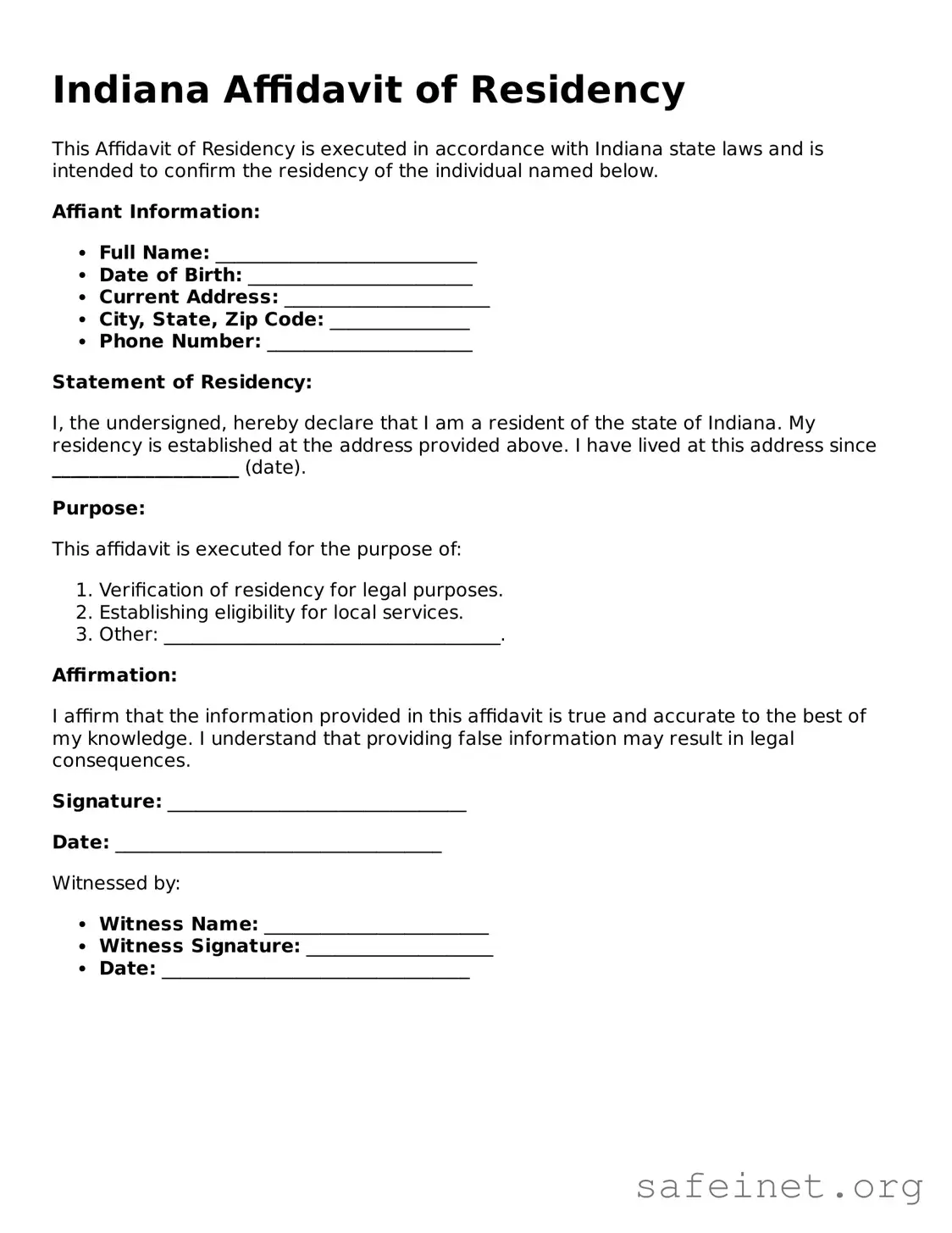 Valid Affidavit of Residency Template for the State of Indiana