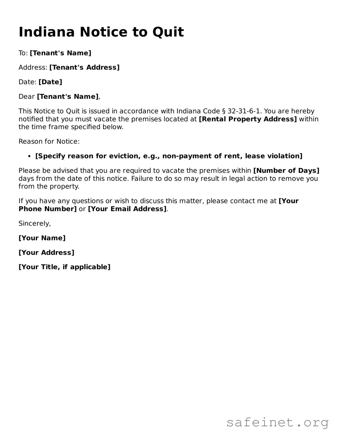 Valid Notice to Quit Template for the State of Indiana