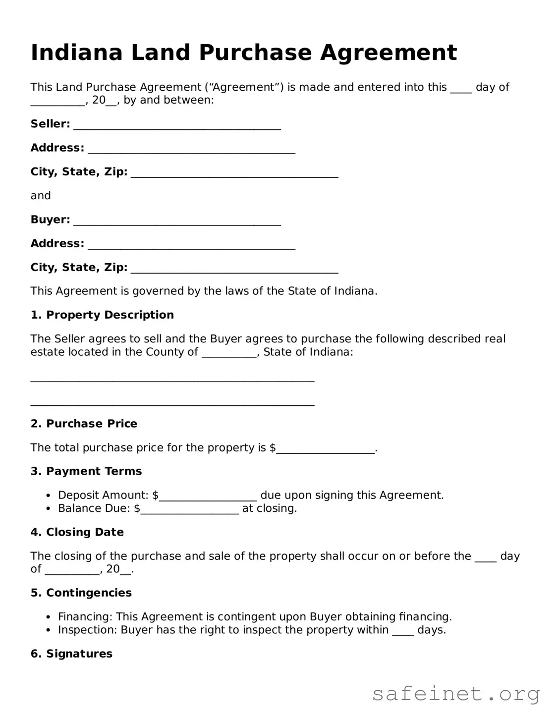 Valid Land Purchase Agreement Template for the State of Indiana