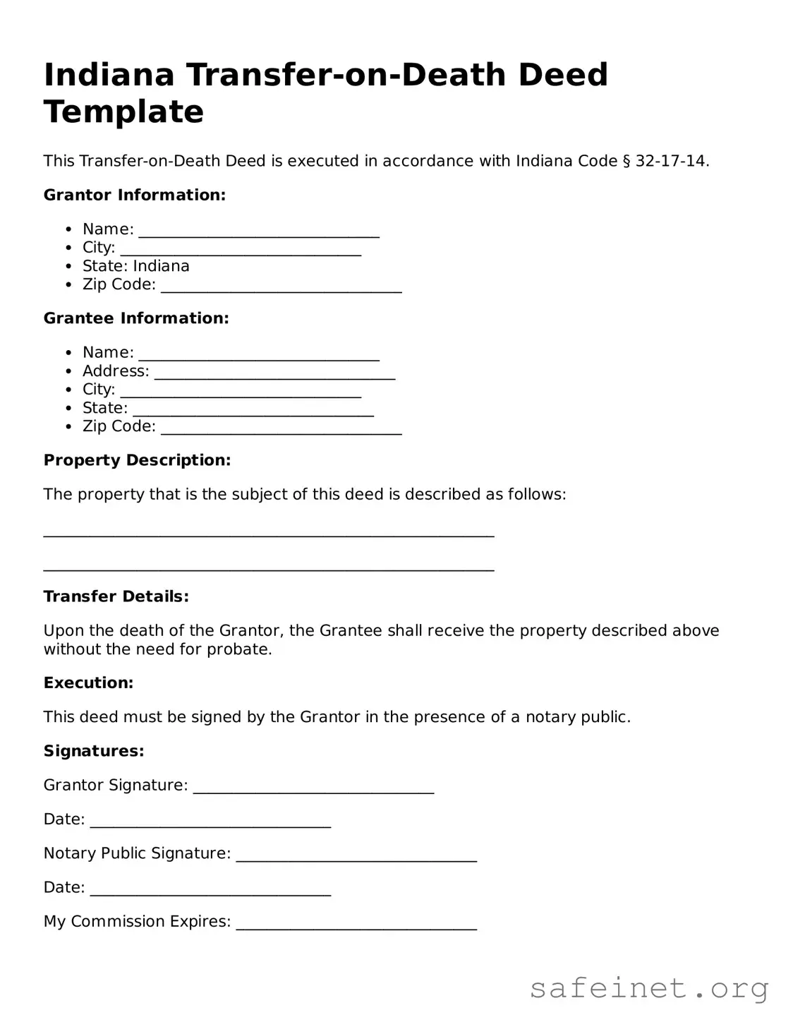 Valid Transfer-on-Death Deed Template for the State of Indiana