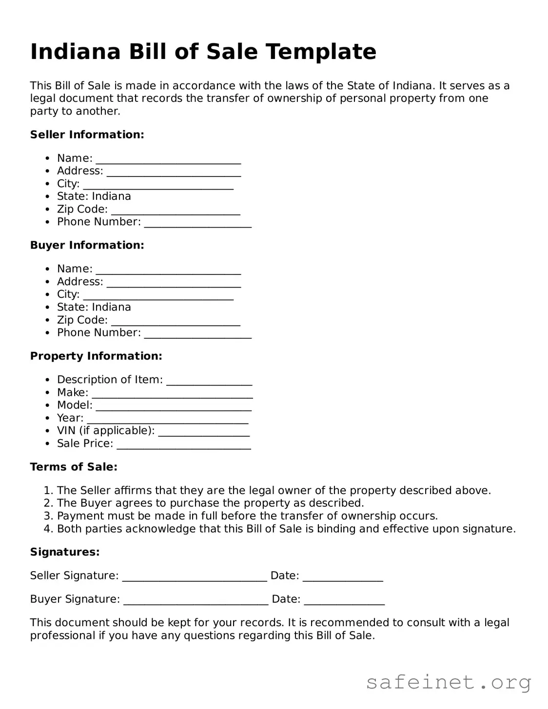 Valid Bill of Sale Template for the State of Indiana
