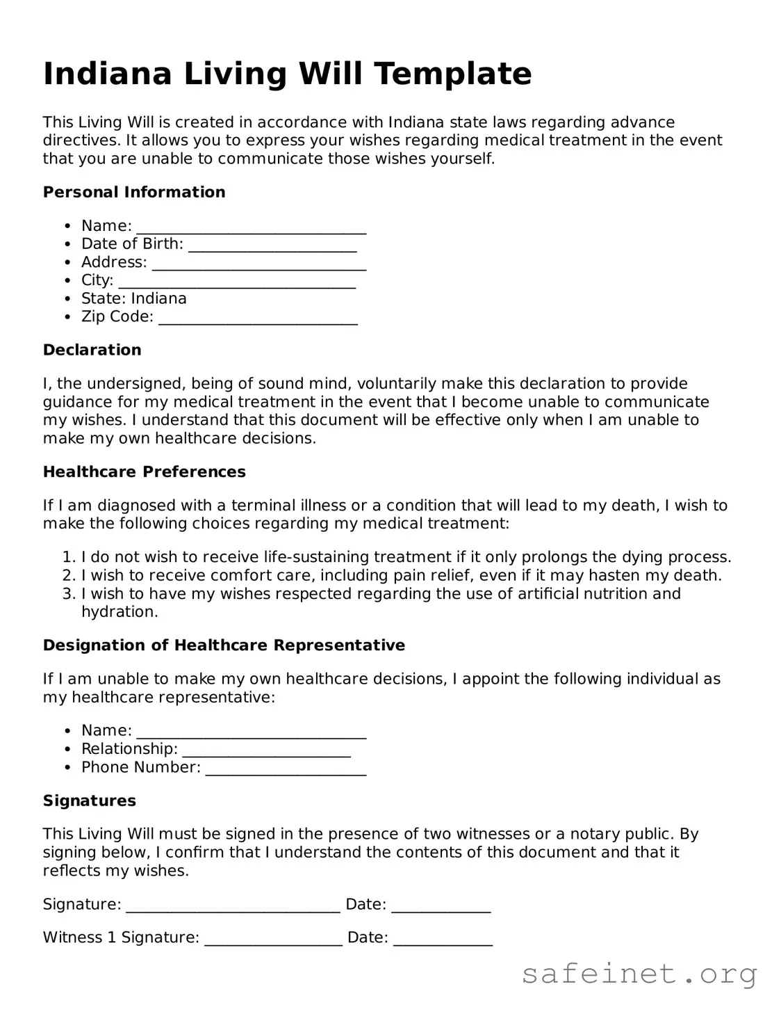Valid Living Will Template for the State of Indiana