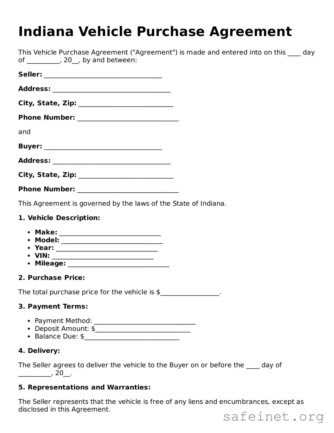 Valid Vehicle Purchase Agreement Template for the State of Indiana