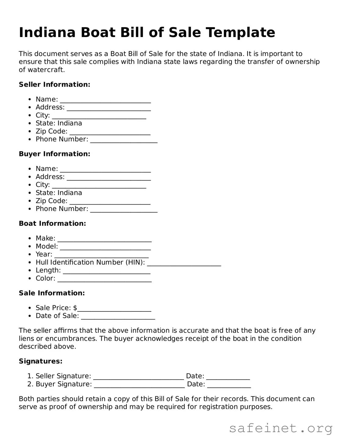 Valid Boat Bill of Sale Template for the State of Indiana