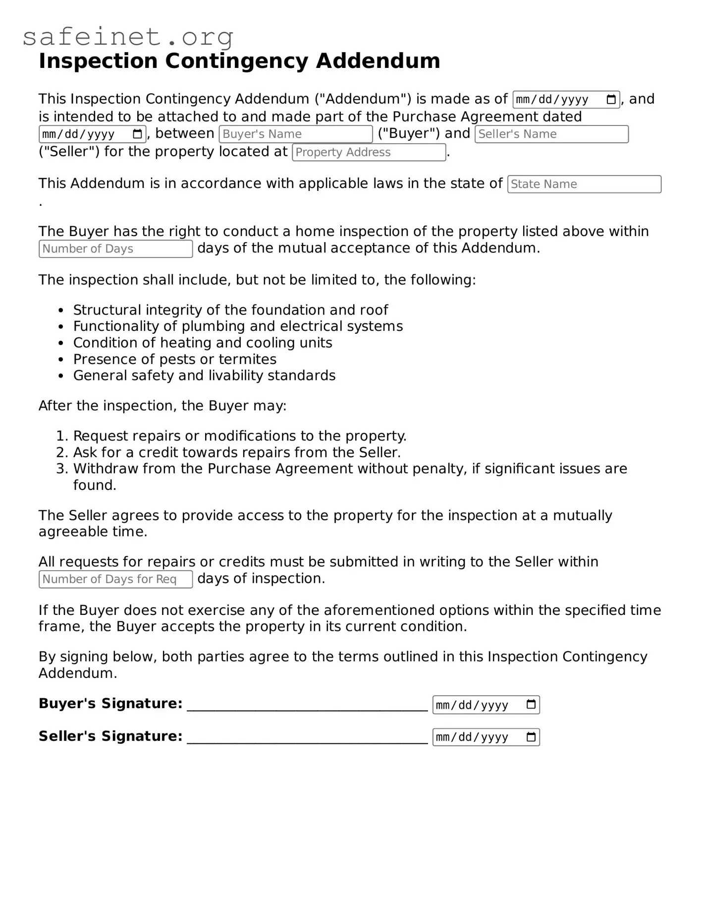 Official Inspection Contingency Addendum Document
