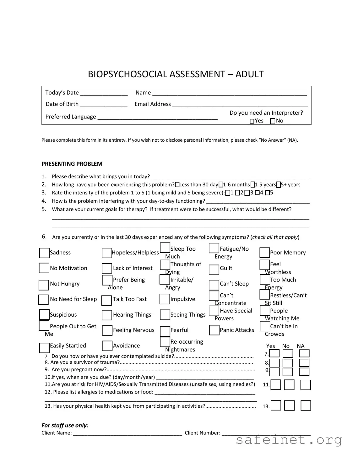 Blank Biopsychosocial Assessment Social Work Template