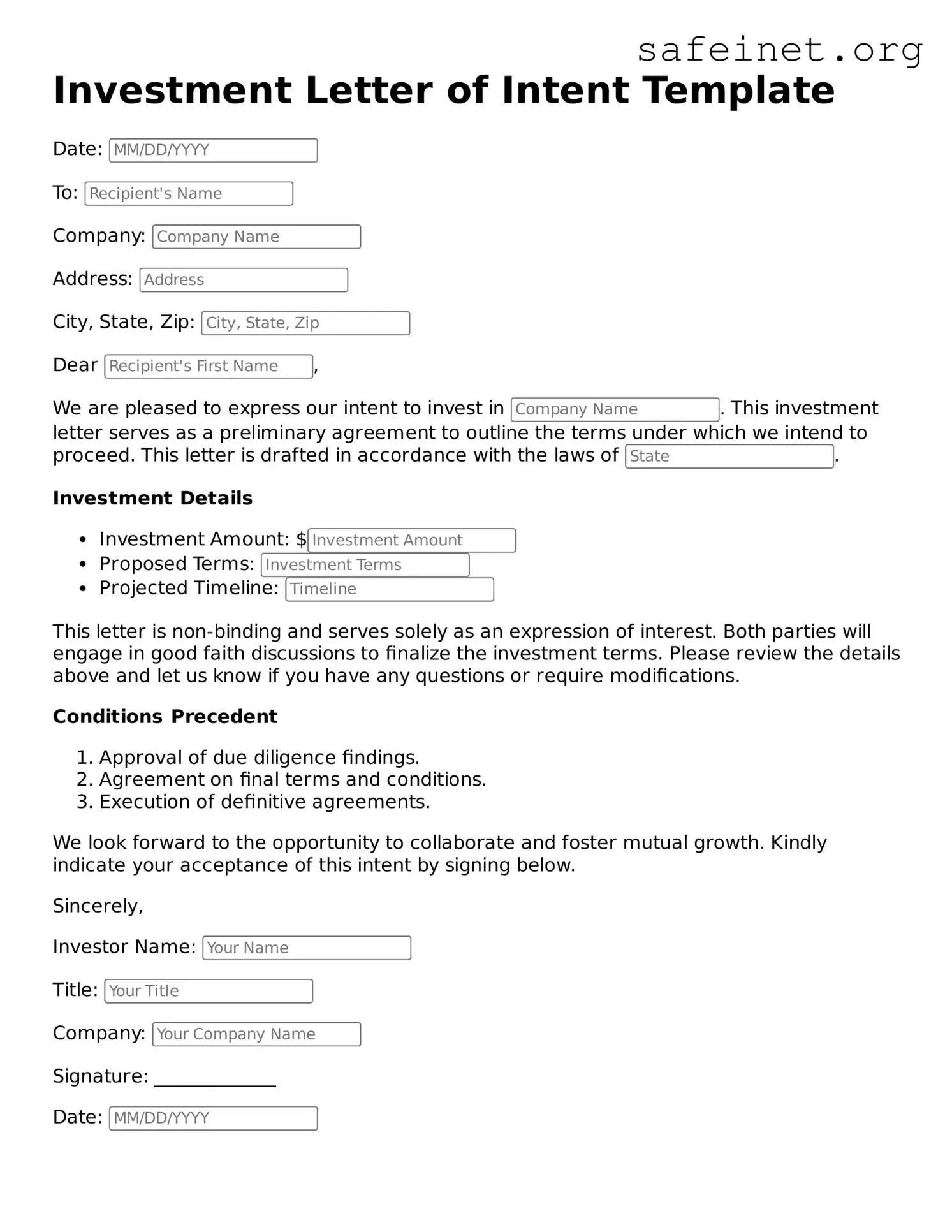 Official Investment Letter of Intent Document