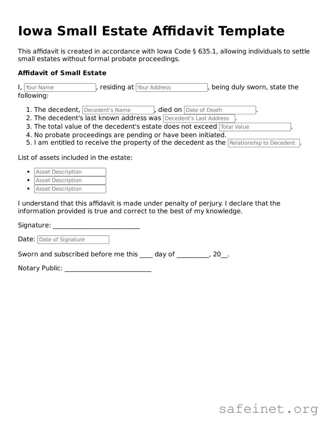 Valid Small Estate Affidavit Template for the State of Iowa