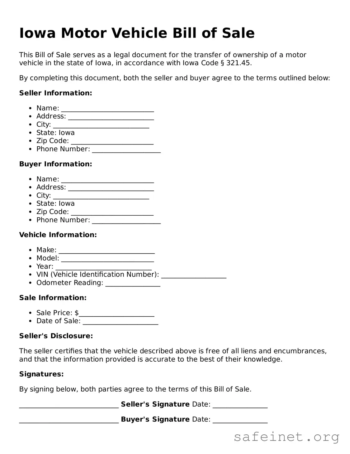 Valid Motor Vehicle Bill of Sale Template for the State of Iowa