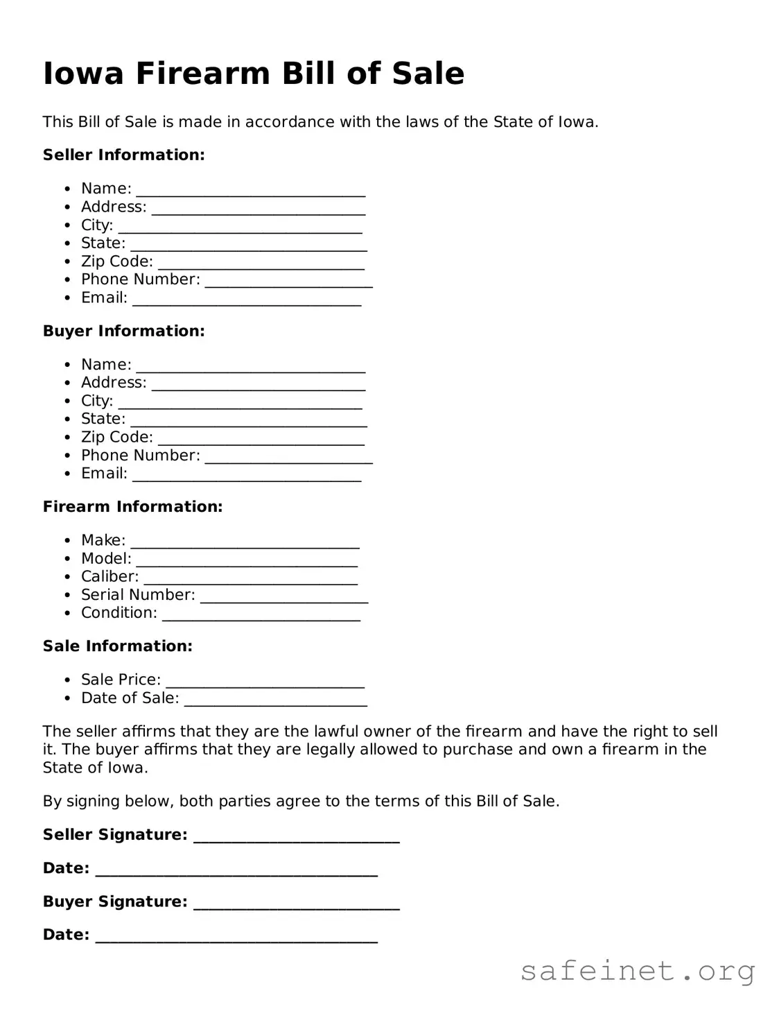 Valid Firearm Bill of Sale Template for the State of Iowa