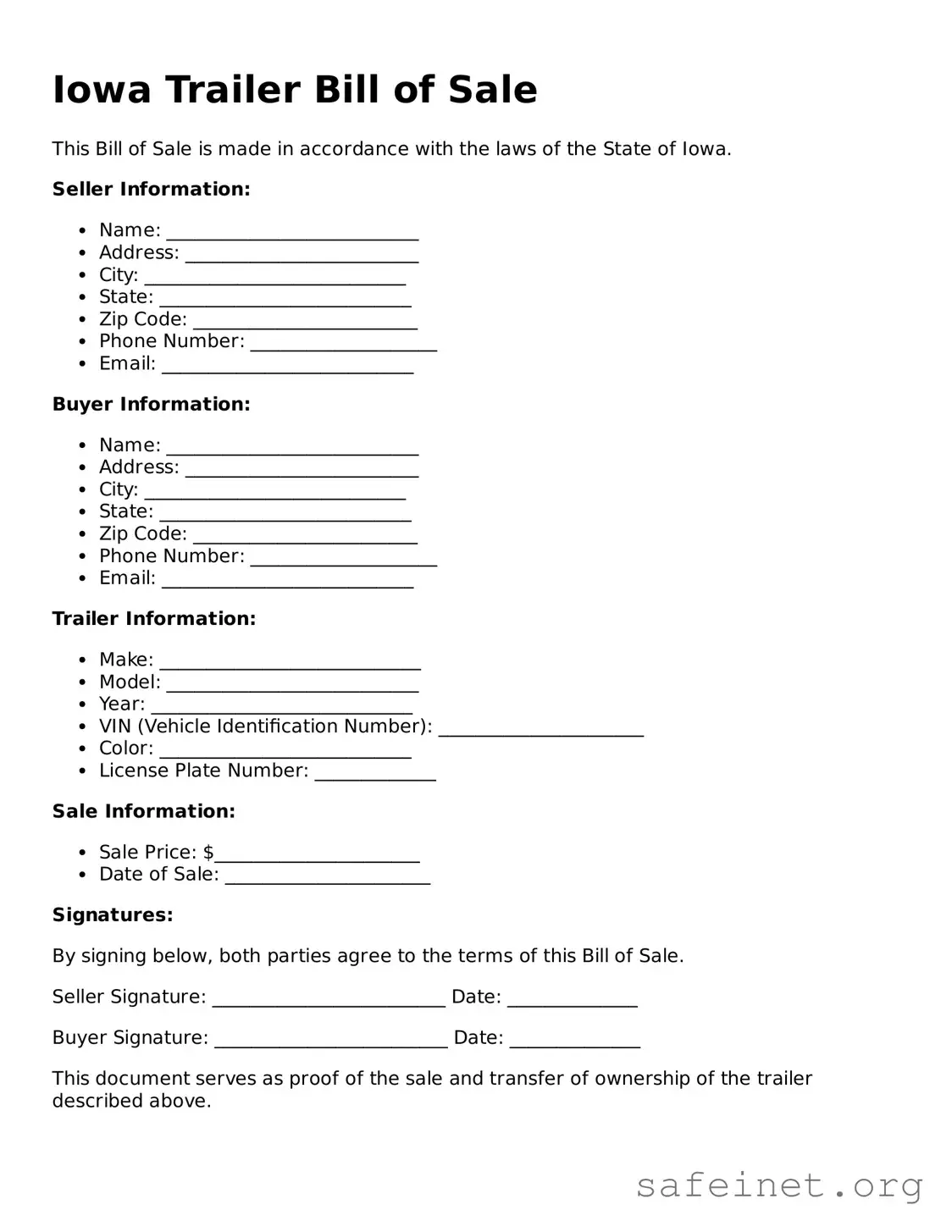 Valid Trailer Bill of Sale Template for the State of Iowa