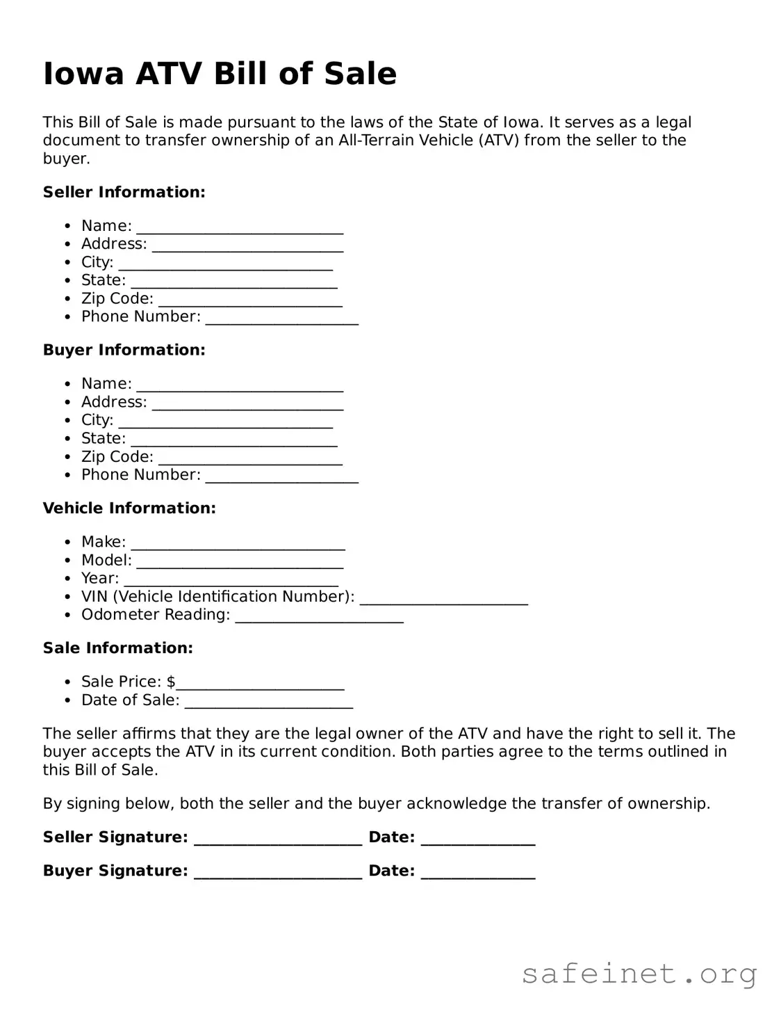 Valid ATV Bill of Sale Template for the State of Iowa