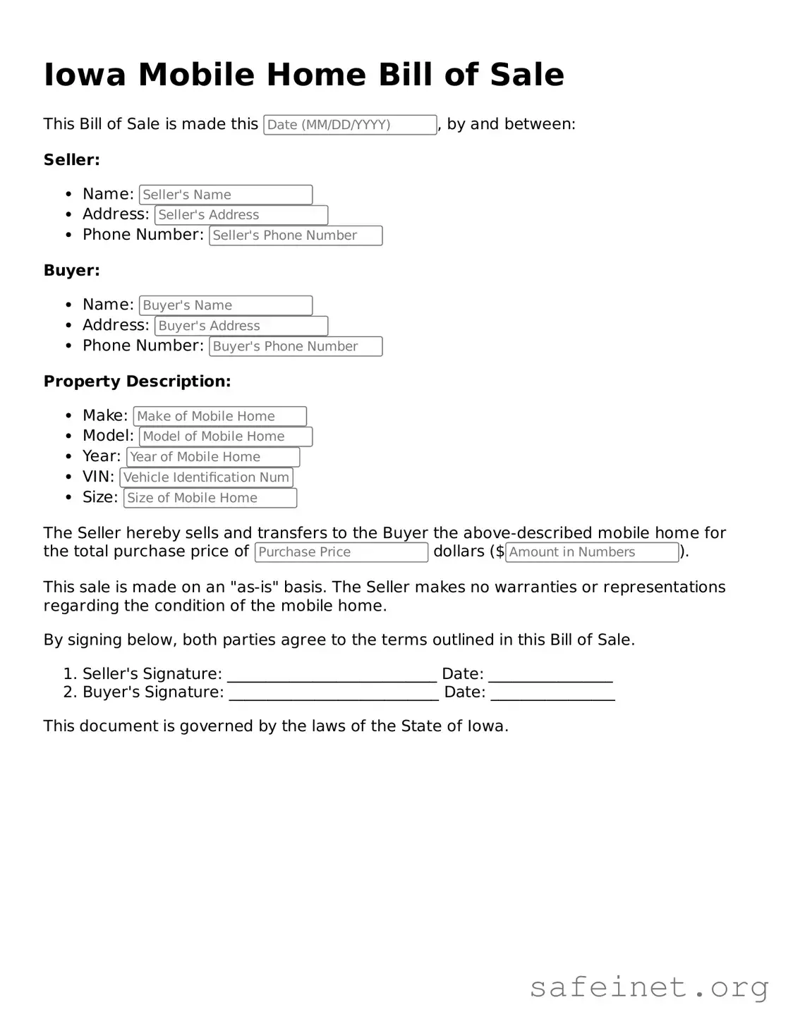 Valid Mobile Home Bill of Sale Template for the State of Iowa