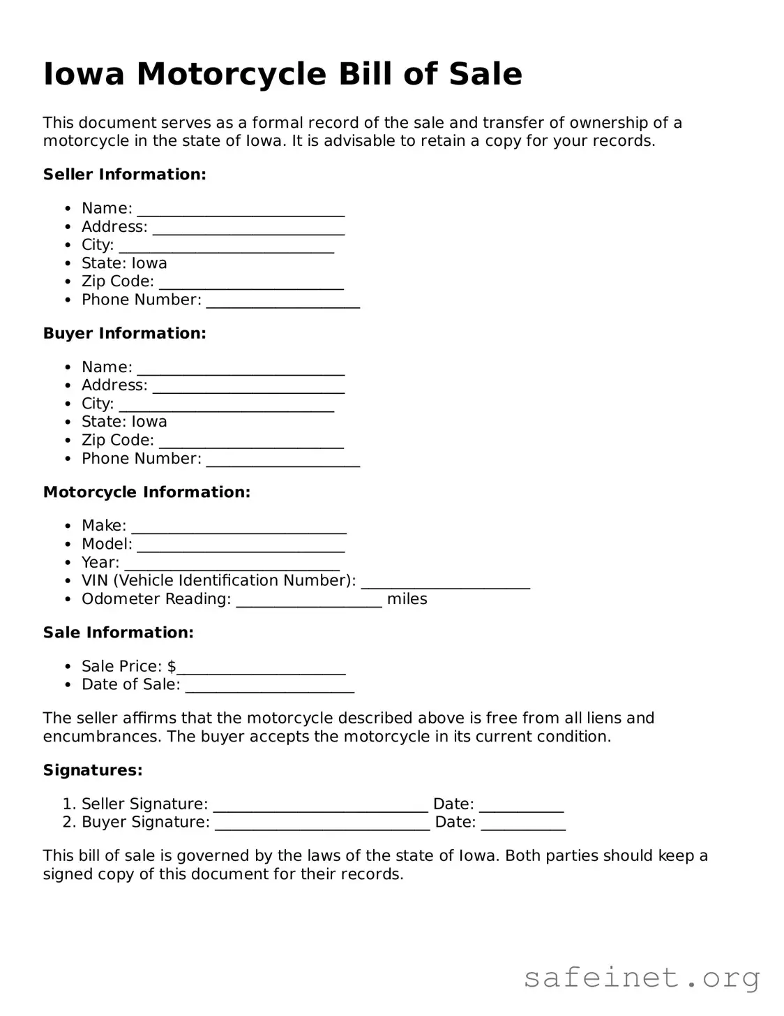 Valid Motorcycle Bill of Sale Template for the State of Iowa