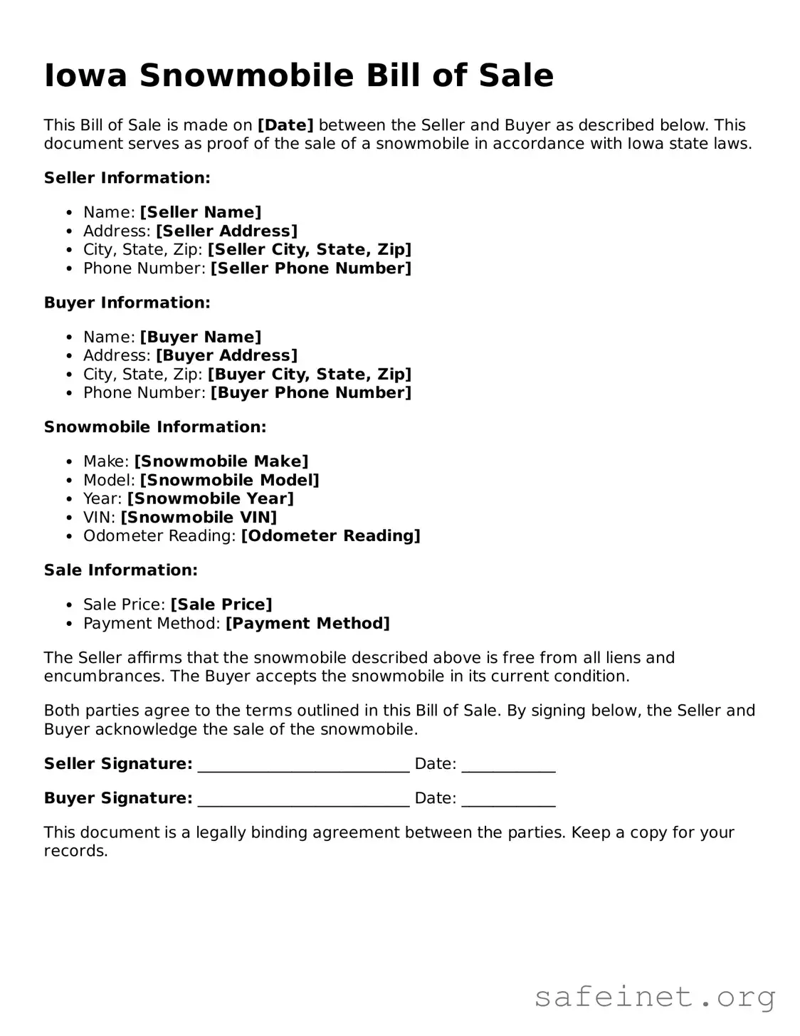 Valid Snowmobile Bill of Sale Template for the State of Iowa
