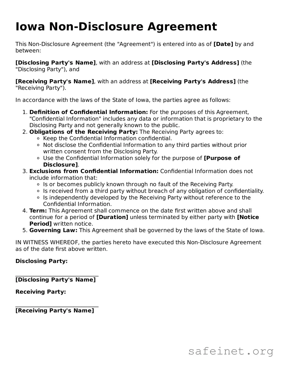 Valid Non-disclosure Agreement Template for the State of Iowa