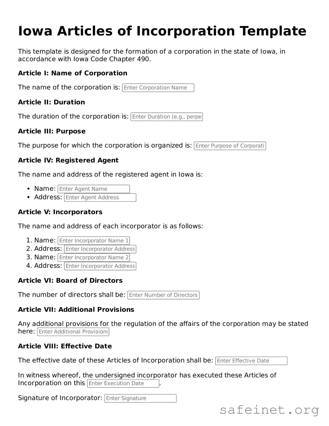 Valid Articles of Incorporation Template for the State of Iowa