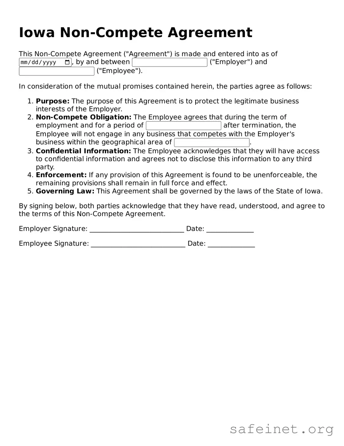 Valid Non-compete Agreement Template for the State of Iowa