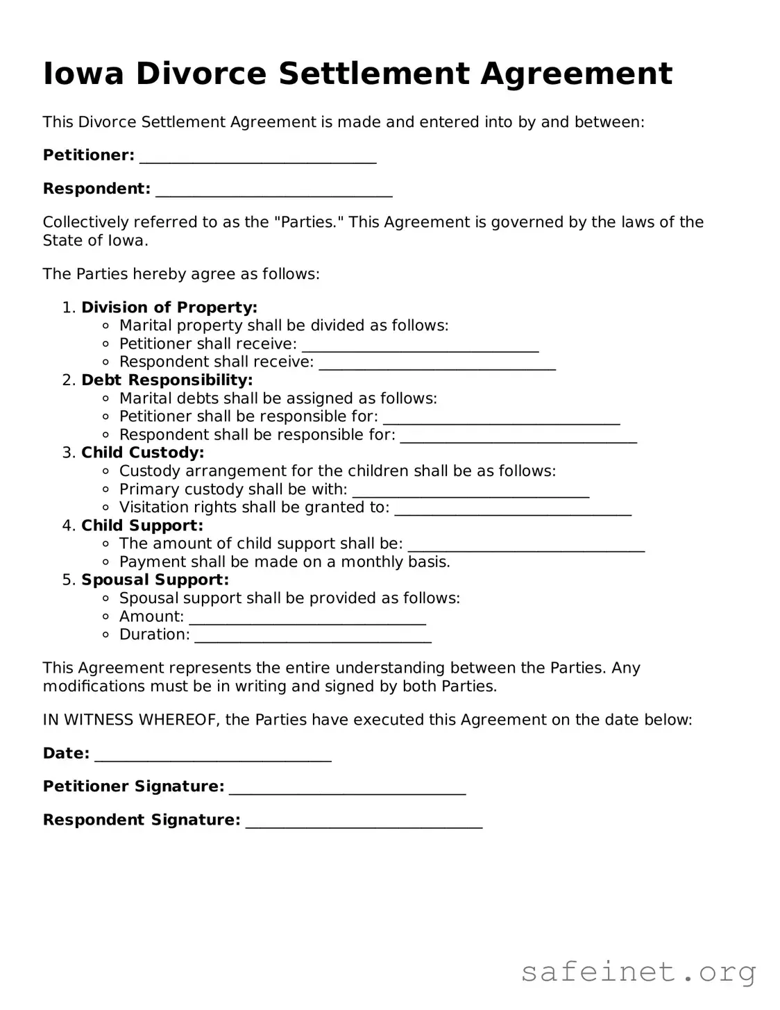 Valid Divorce Settlement Agreement Template for the State of Iowa