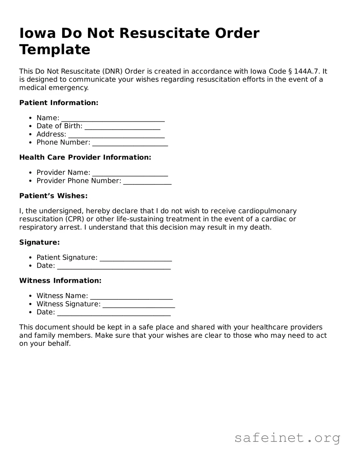 Valid Do Not Resuscitate Order Template for the State of Iowa