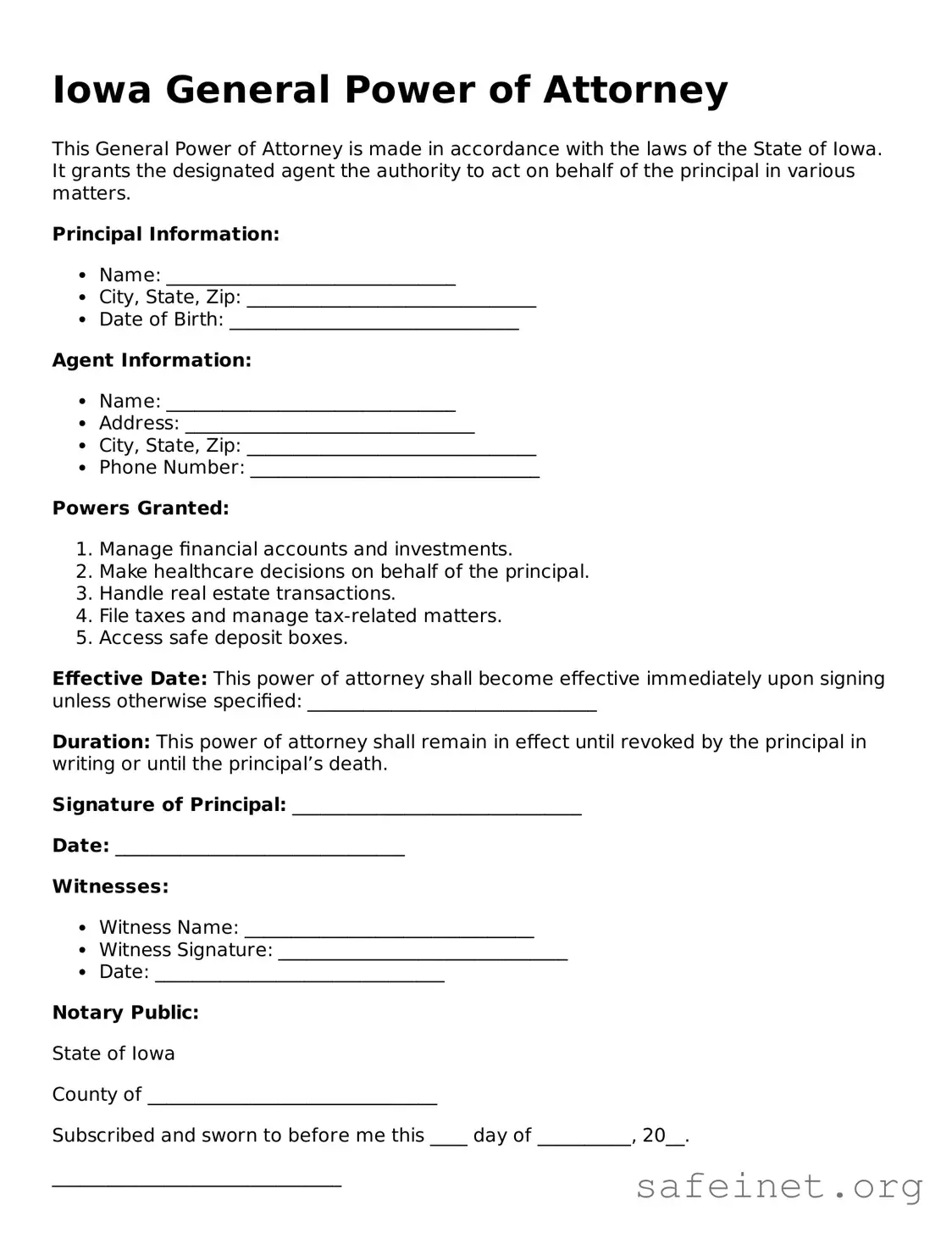 Valid General Power of Attorney Template for the State of Iowa
