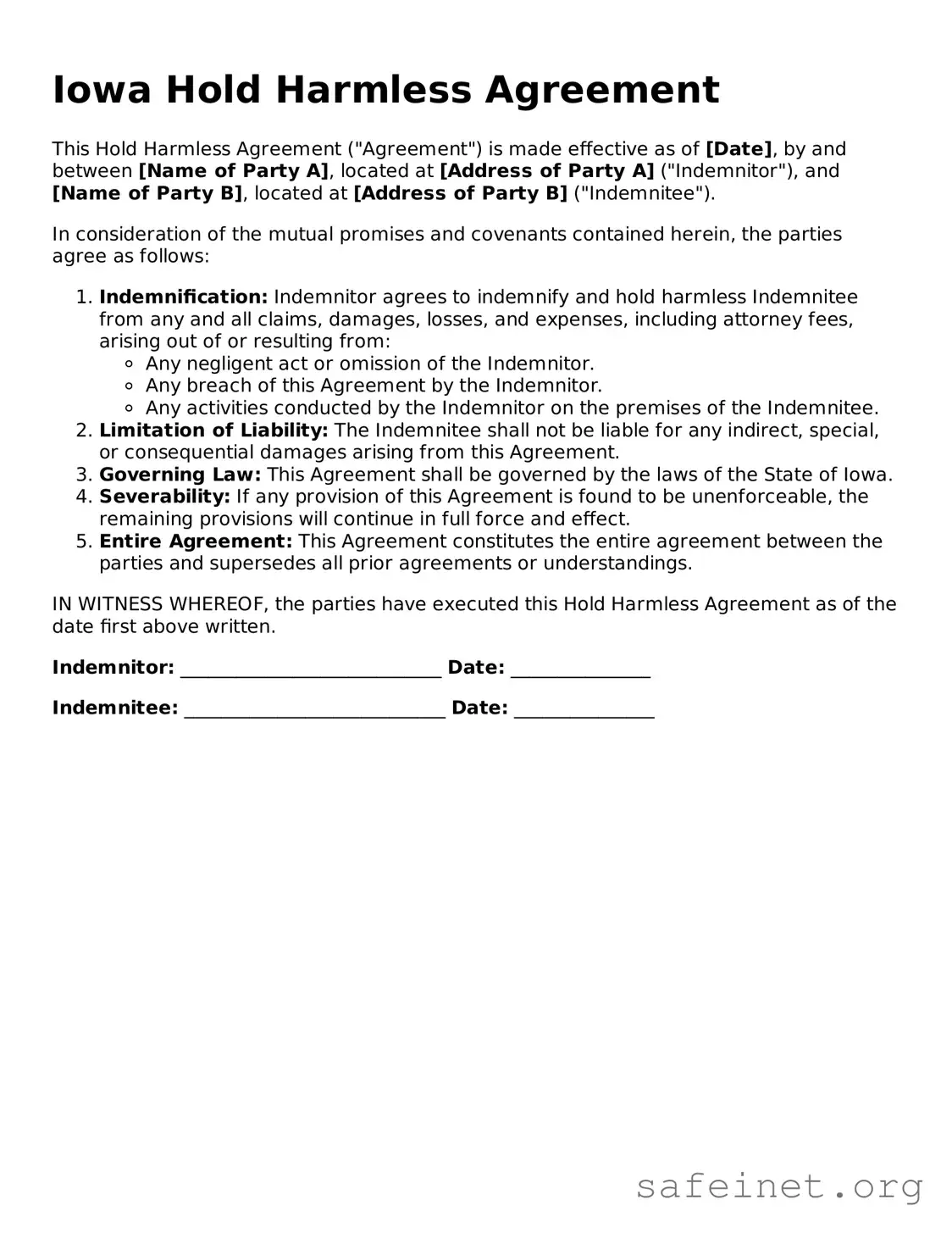Valid Hold Harmless Agreement Template for the State of Iowa