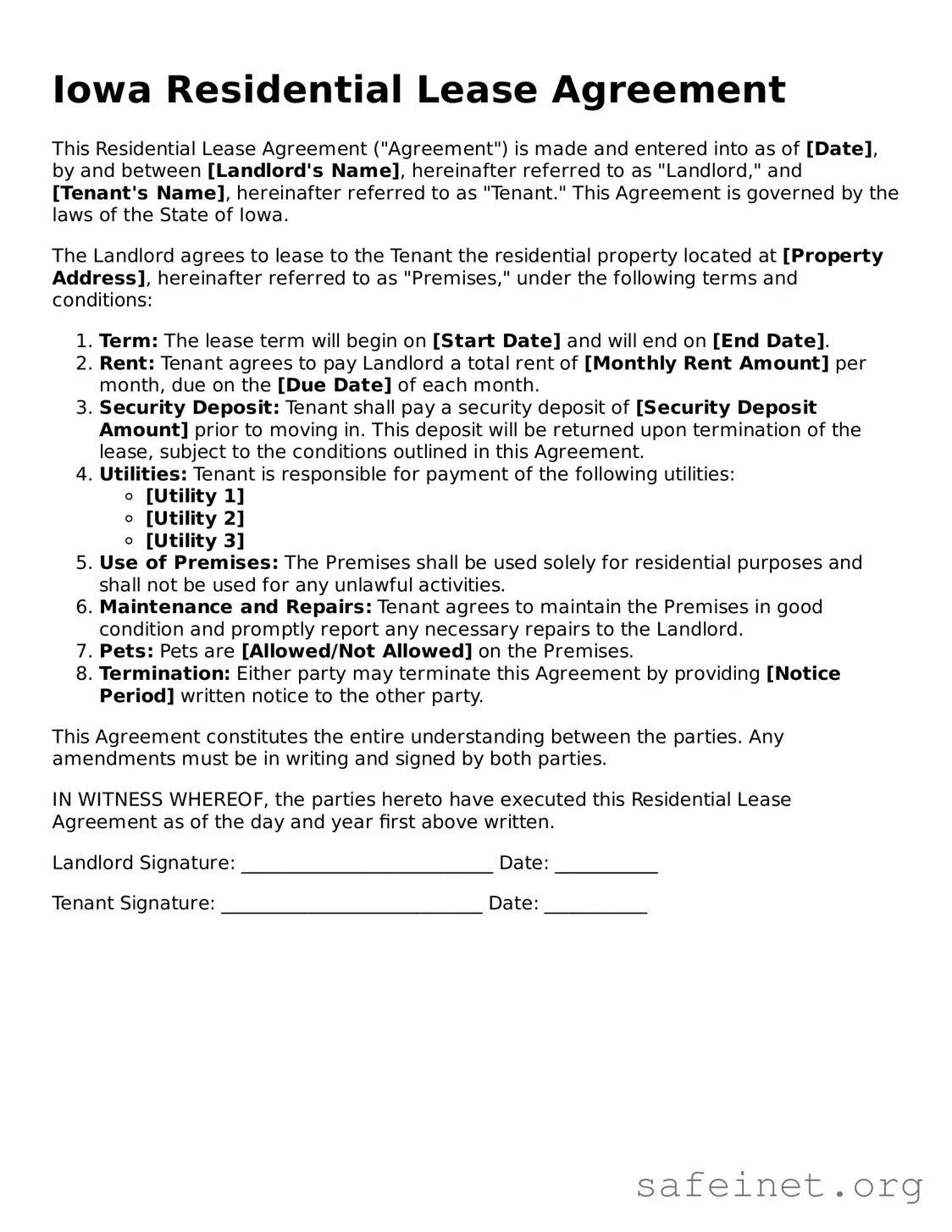 Valid Residential Lease Agreement Template for the State of Iowa