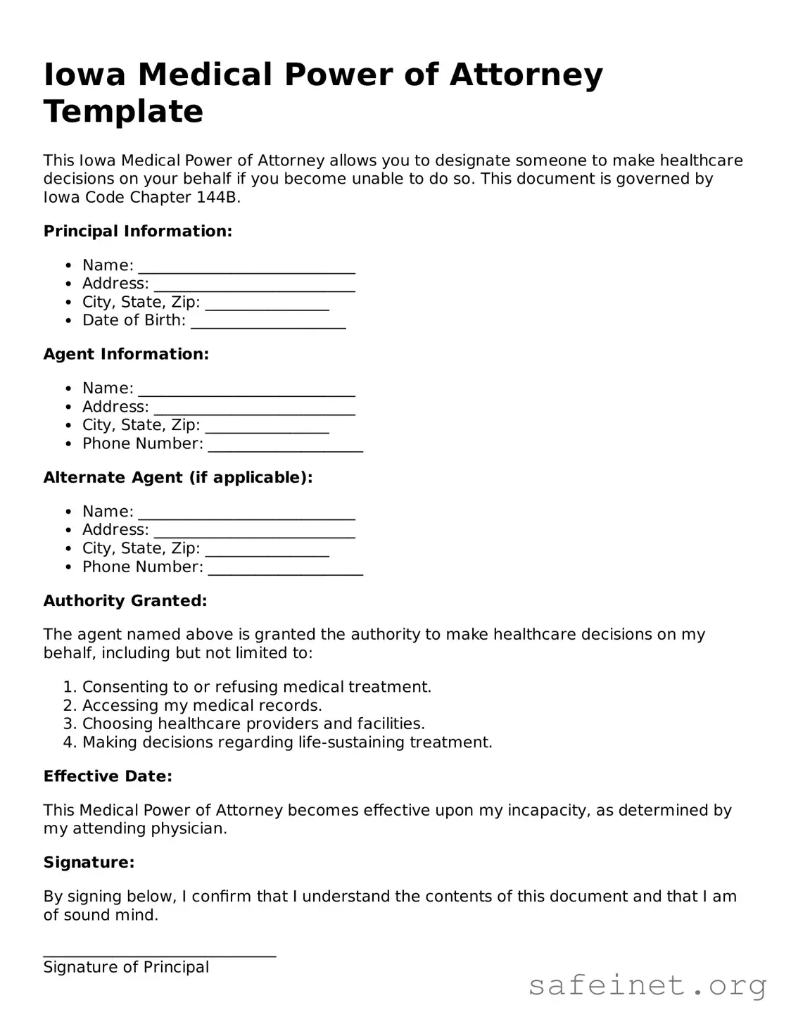 Valid Medical Power of Attorney Template for the State of Iowa