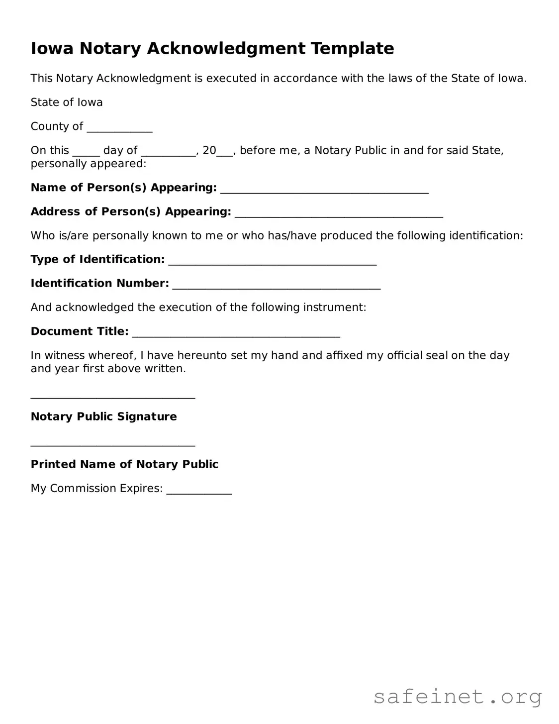 Valid Notary Acknowledgement Template for the State of Iowa