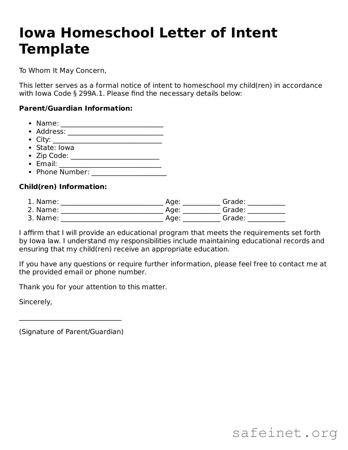 Valid Homeschool Letter of Intent Template for the State of Iowa