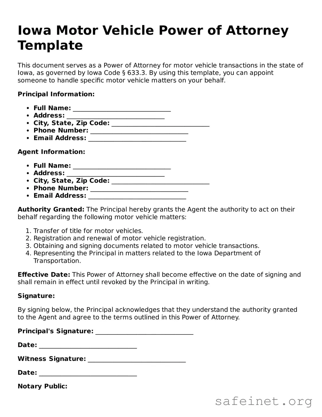 Valid Motor Vehicle Power of Attorney Template for the State of Iowa