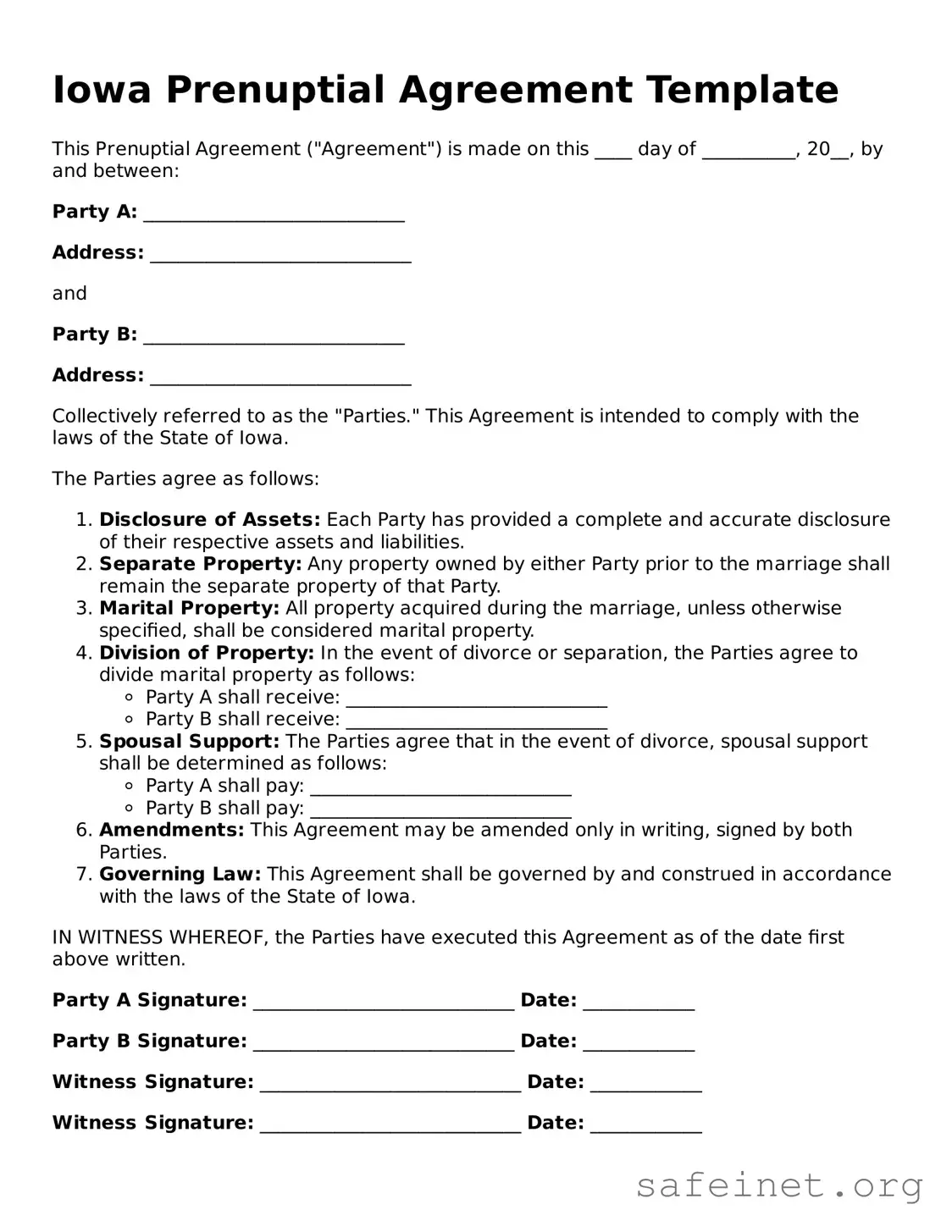 Valid Prenuptial Agreement Template for the State of Iowa
